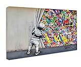 Wandbilder Bilder Banksy like - Junge hinter dem Vorhang - Wandbild auf Leinwand, hochwertige Streetart graffiti Kunstdruck I Wanddekoration XXl fertig zum Aufhängen (80x120 cm)