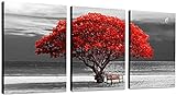 hyidecorart Bilder Baum Rote, Bume Natur Leinwand Bilder, 3 Teilig Wandbilder Wohnzimmer, Modern Glcksbaum Kunstdruck Wanddeko fr Schlafzimmer Kche Esszimmer und Bro