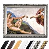 Bild mit Rahmen - Michelangelo Die Erschaffung Adams 90x70 cm - Gerahmtes Leinwandbild Alte Meister - Antiker Rahmen Silber Barock, Klassisch