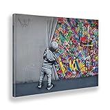 Giallobus - Gemälde - Banksy - Kind öffnet den Vorhang - Leinwand mit Standardrahmen - 140x100 - Bereit zum Aufhängen - Moderne Gemälde für zu Hause