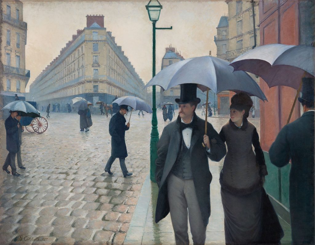 Gustave Caillebotte, Straße in Paris, Regenwetter: Passanten mit Regenschirmen auf nassem Kopfsteinpflaster