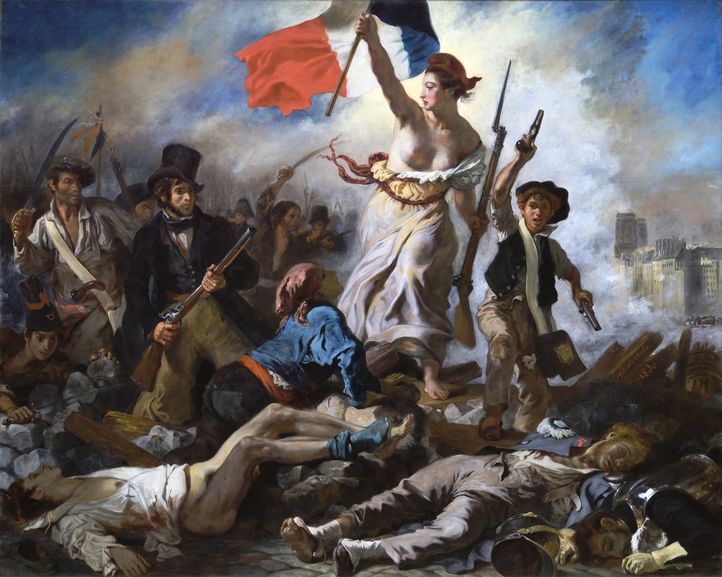 Eugène Delacroix, Die Freiheit führt das Volk: Frau mit Trikolore führt Bewaffnete über eine Barrikade
