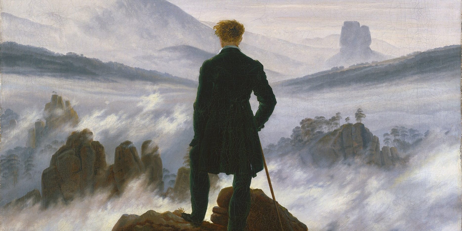 Caspar David Friedrich – Der Wanderer über dem Nebelmeer (um 1817) Caspar David Friedrich, Der Wanderer über dem Nebelmeer: Mann in Rückenansicht auf einem Felsen über einem Nebelmeer