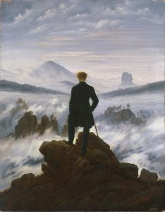 Caspar David Friedrich, Der Wanderer über dem Nebelmeer: Mann in Rückenansicht auf einem Felsen über einem Nebelmeer