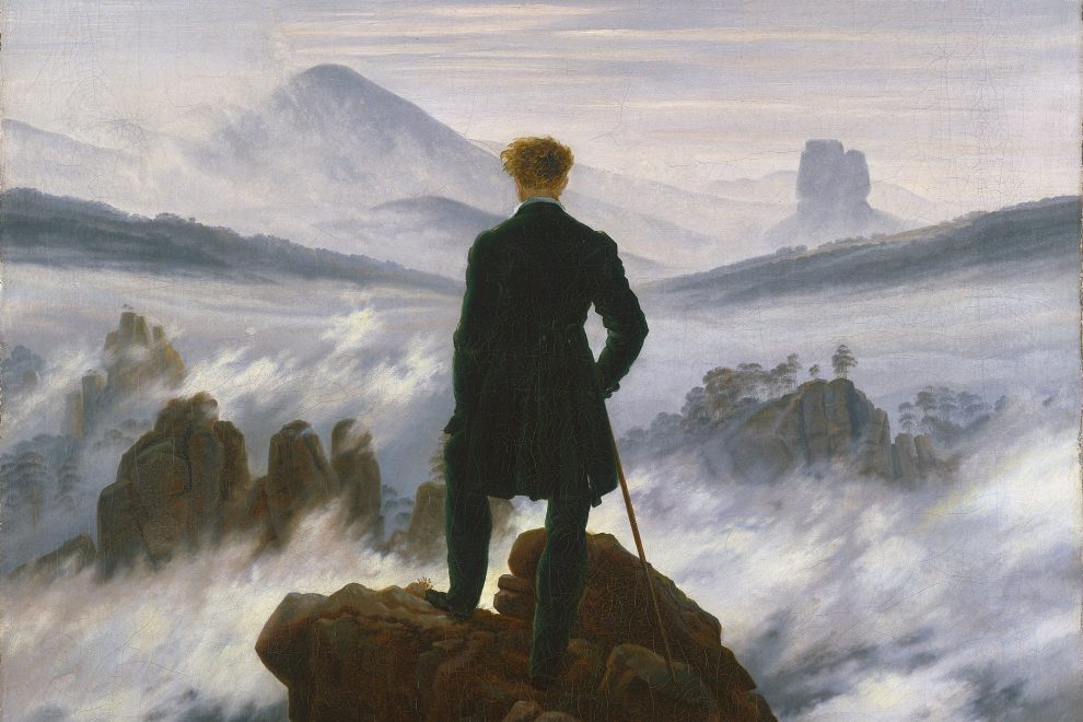 Caspar David Friedrich, Der Wanderer über dem Nebelmeer: Mann in Rückenansicht auf einem Felsen über einem Nebelmeer