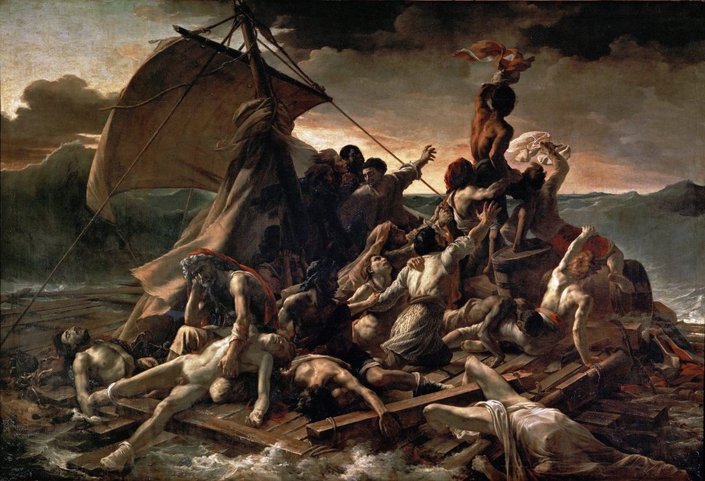 Théodore Géricault, Das Floß der Medusa: Schiffbrüchige auf einem Floß winken einem fernen Schiff