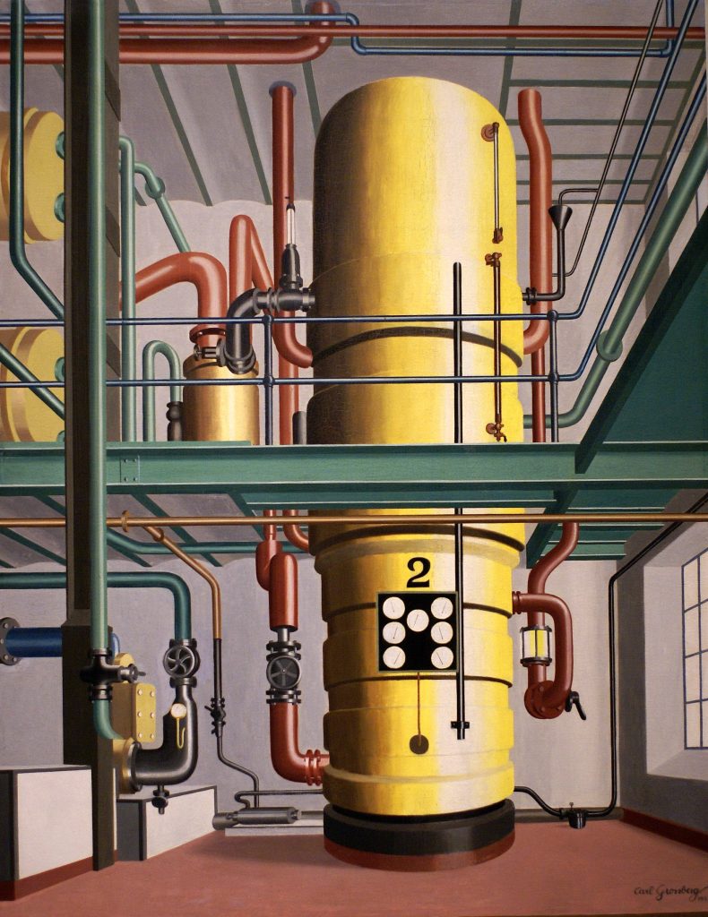 Carl Grossberg, Der gelbe Kessel: großer gelber Kessel in einer menschenleeren Fabrikhalle