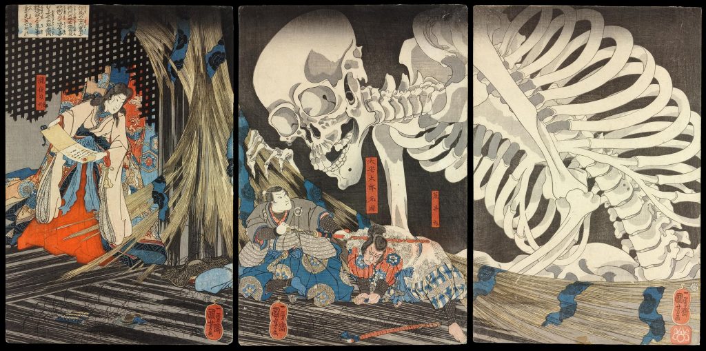 Utagawa Kuniyoshi, Takiyasha und das Skelettgespenst: riesiges Skelett beugt sich über zwei Krieger