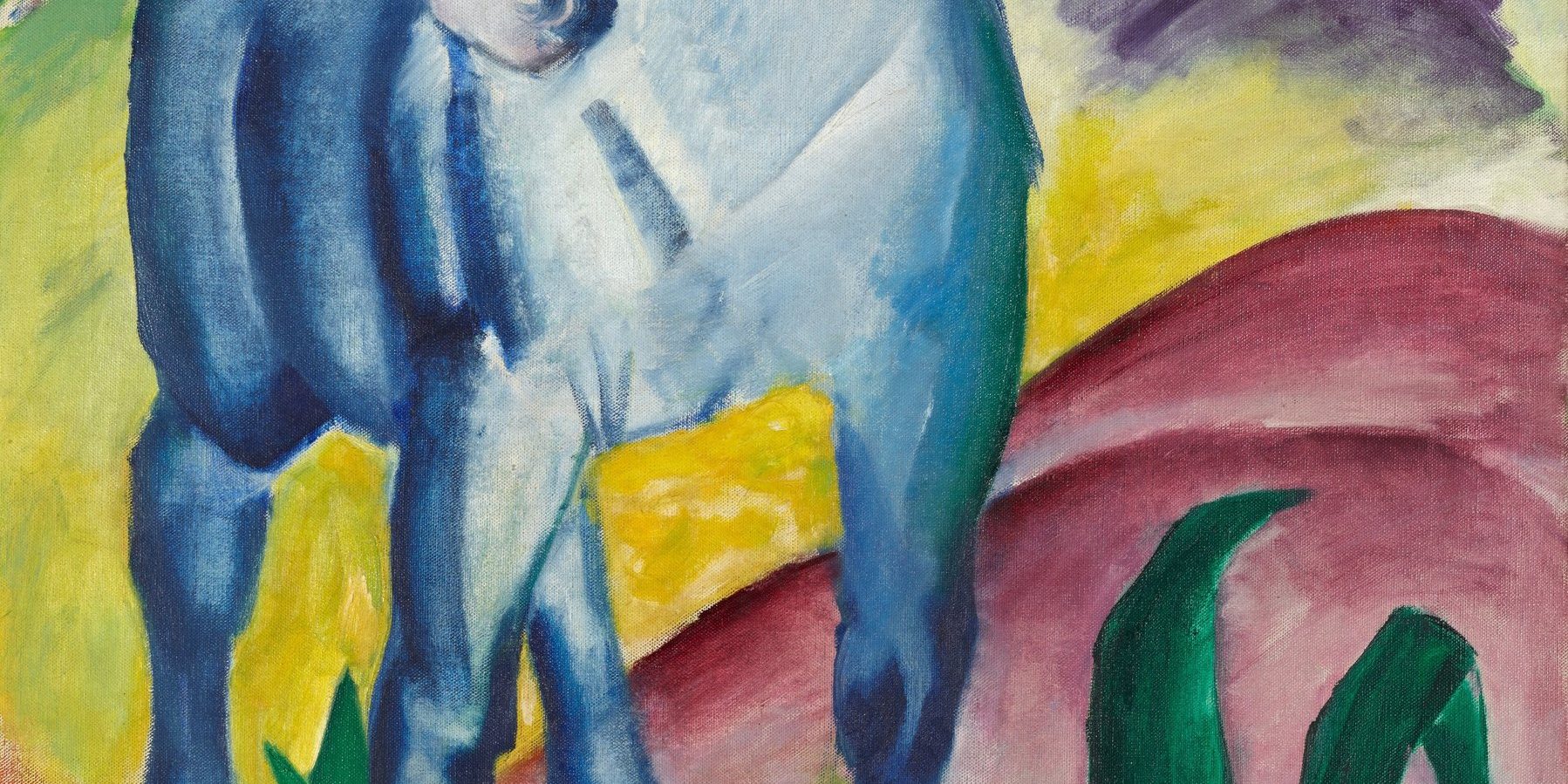 Franz Marc, Blaues Pferd I: blaues Fohlen vor bunter Hügellandschaft