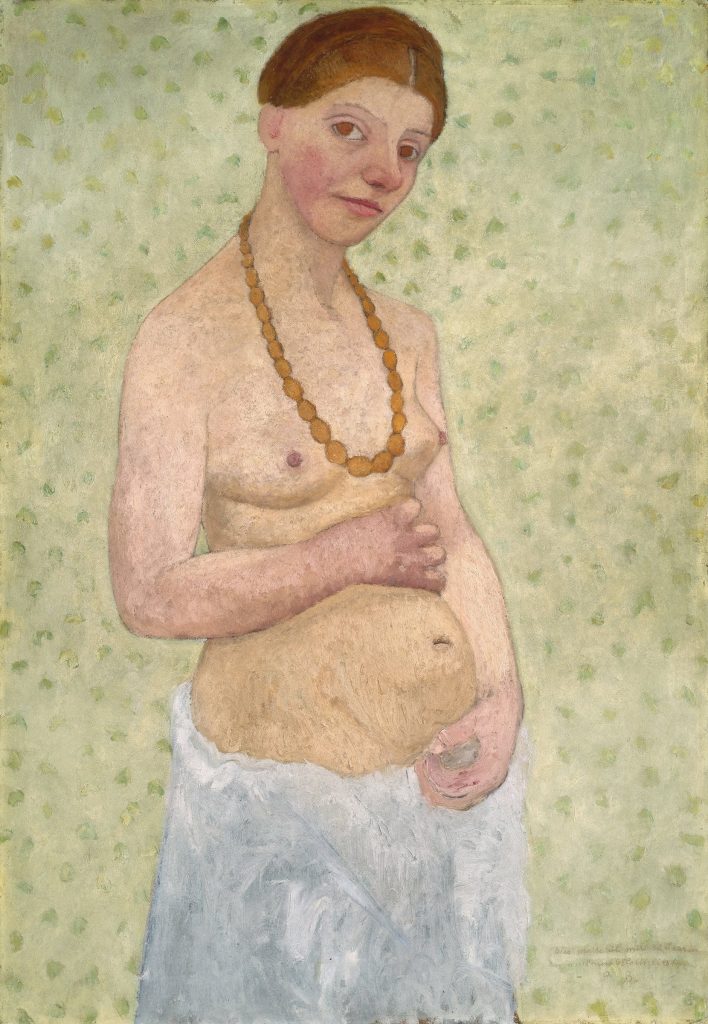 Paula Modersohn-Becker, Selbstbildnis am 6. Hochzeitstag: Malerin mit Bernsteinkette und Händen auf dem Bauch
