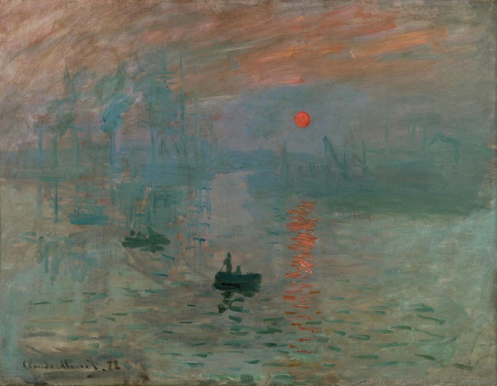 Claude Monet, Impression, Sonnenaufgang: Hafen von Le Havre im Morgendunst mit orangefarbener Sonne