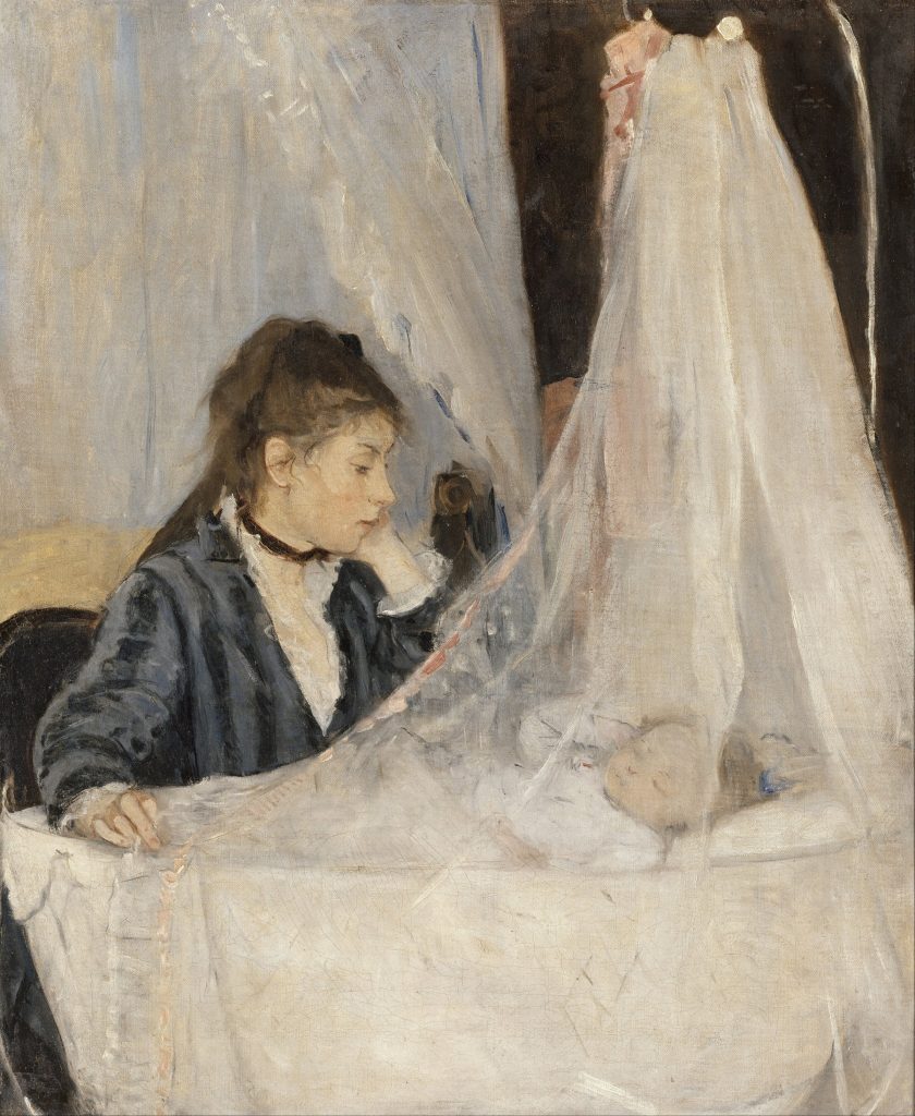 Berthe Morisot, Die Wiege: junge Mutter betrachtet ihr schlafendes Kind hinter einem Schleier