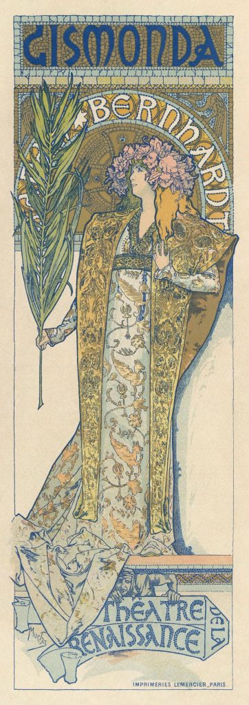 Alfons Mucha, Gismonda: schmales Theaterplakat mit Sarah Bernhardt im prächtigen Gewand mit Palmzweig