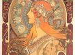 Alfons Mucha, Zodiaque: Frau im Profil mit Schmuck vor einem Kreis mit Tierkreiszeichen