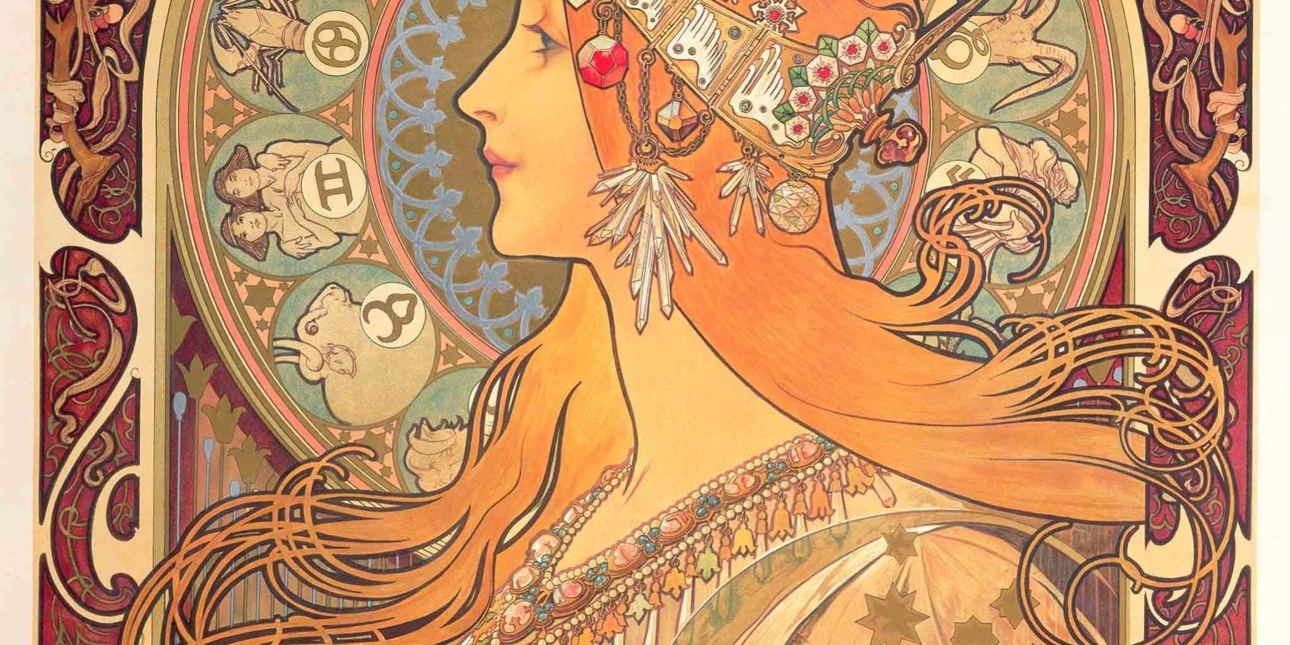 Alfons Mucha, Zodiaque: Frau im Profil mit Schmuck vor einem Kreis mit Tierkreiszeichen
