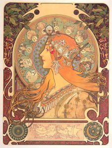 Alfons Mucha, Zodiaque: Frau im Profil mit Schmuck vor einem Kreis mit Tierkreiszeichen
