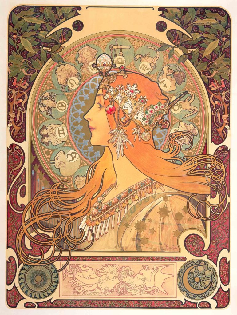 Alfons Mucha, Zodiaque: Frau im Profil mit Schmuck vor einem Kreis mit Tierkreiszeichen
