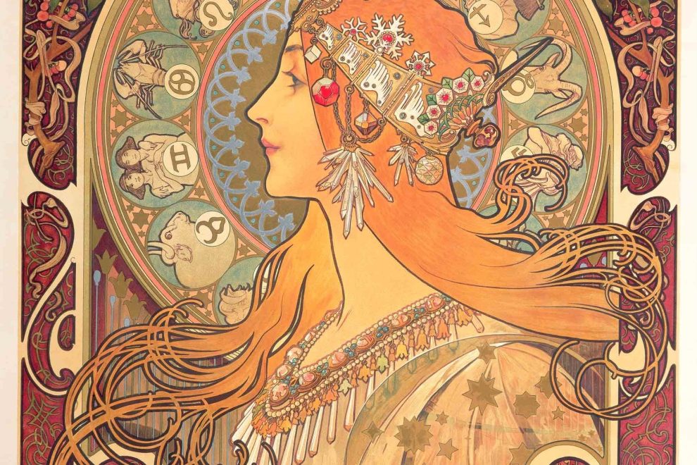 Alfons Mucha, Zodiaque: Frau im Profil mit Schmuck vor einem Kreis mit Tierkreiszeichen
