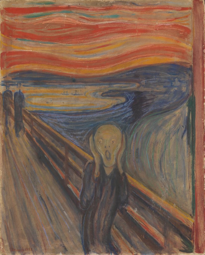 Edvard Munch, Der Schrei: Gestalt hält sich die Ohren zu, dahinter ein roter Himmel über dem Fjord