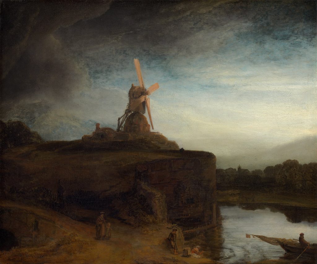 Rembrandt, Die Mühle: Windmühle auf einem Bollwerk am Wasser unter dunklem Gewitterhimmel