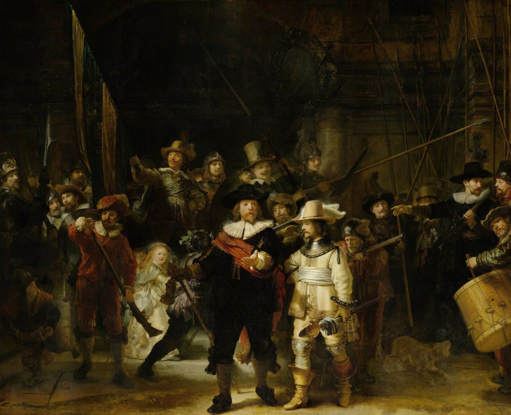 Rembrandt, Die Nachtwache: Bürgerwehr mit Hauptmann, Fahnen und Gewehren, ein Mädchen im Licht
