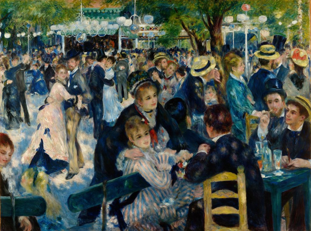 Renoir, Tanz im Moulin de la Galette: tanzende und plaudernde Menschen unter Bäumen in Montmartre
