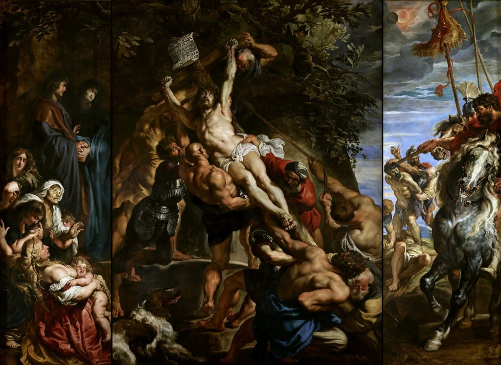 Peter Paul Rubens, Die Kreuzaufrichtung: Männer richten das Kreuz mit Christus auf, dreiteiliges Altarbild