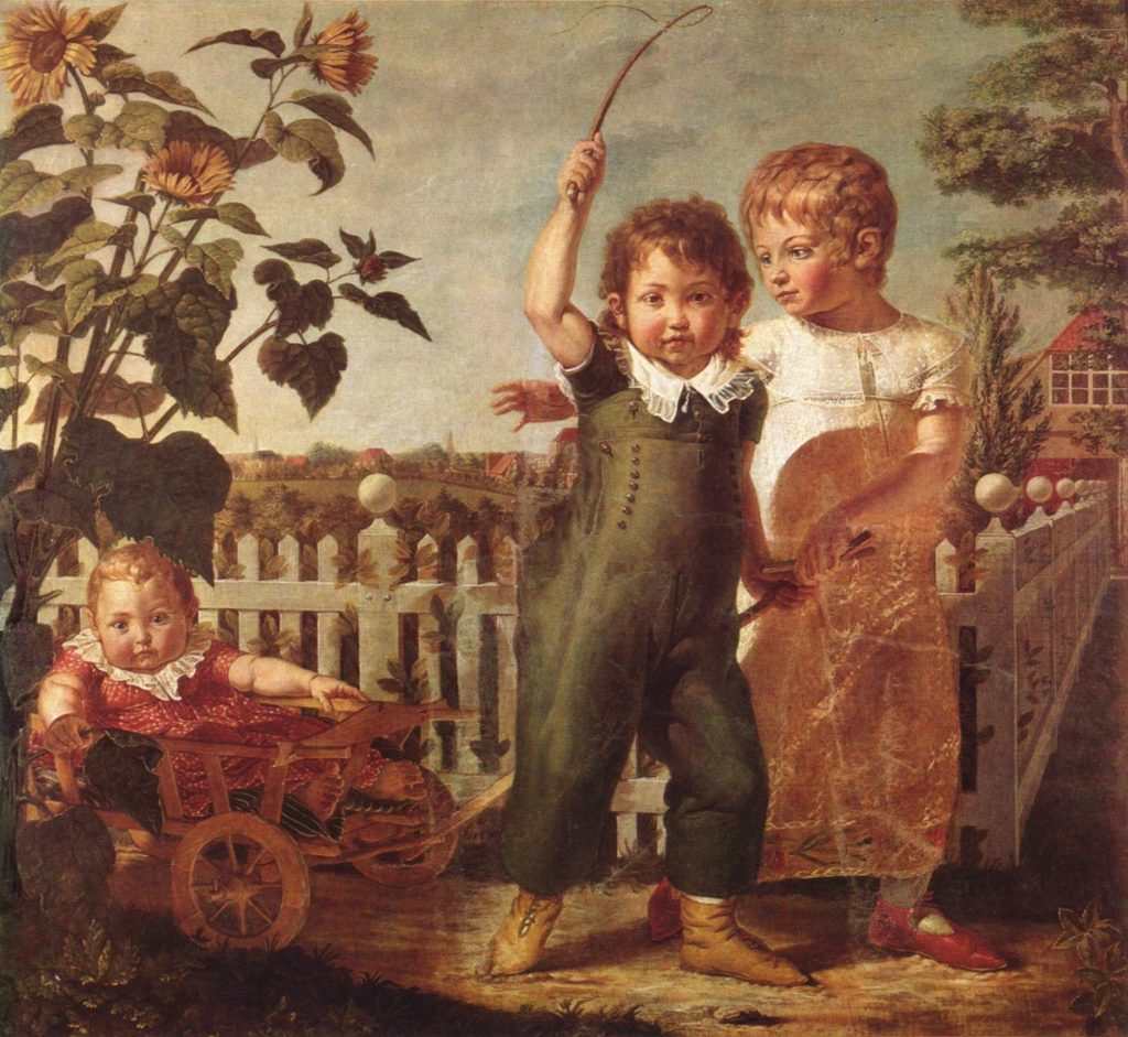 Philipp Otto Runge, Die Hülsenbeckschen Kinder: drei Kinder mit Bollerwagen vor einem Gartenzaun mit Sonnenblumen