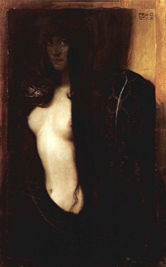 Franz von Stuck, Die Sünde: heller Frauenkörper mit einer großen Schlange vor dunklem Hintergrund