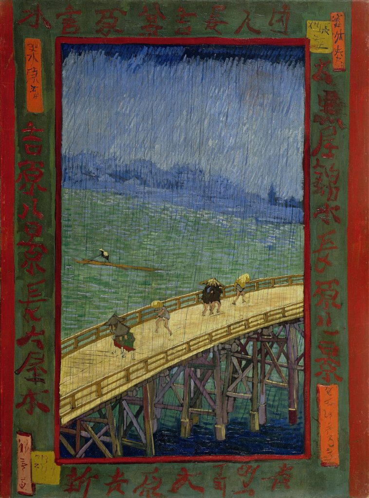 Vincent van Gogh, Brücke im Regen nach Hiroshige: Brücke im Regen mit Rahmen aus japanischen Schriftzeichen